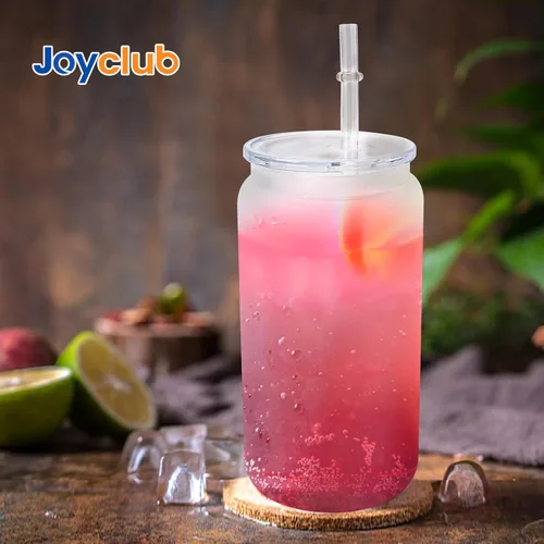 Vista 6 de Joyclub Paquete de 4 tapas acrílicas para vasos de vidrio de 16 onzas con tapas de bambú y pajitas, vasos reutilizables para café helado, vasos