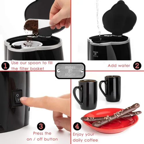 Vista 9 de Moss & Stone - Mini cafetera de goteo de 2 tazas con tazas de 5 onzas, cafetera pequeña