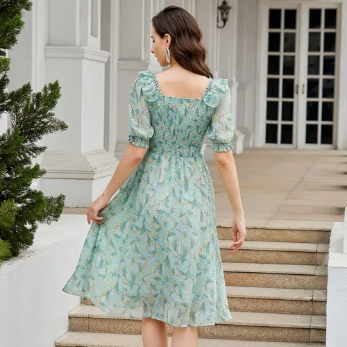 Vista 3 de Vestido bohemio para mujer, cuello en V, vestido floral de verano, vestido con volantes con manga abombada, vestido vintage de playa acampanado
