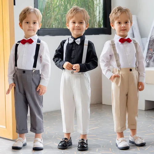 Vista 2 de Pifiko - Ropa de vestir para niño, traje formal para niños, camisa + corbatín + chaleco + pantalones con tirantes para niños