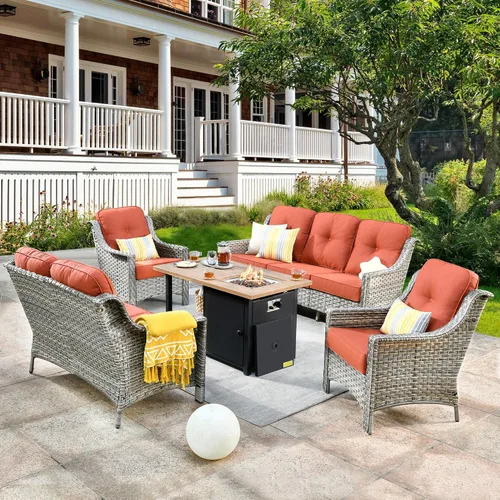Vista 79 de HOOOWOOO Sofá de patio de 3 plazas de mimbre para exteriores, resistente a todo tipo de clima, con respaldo alto, muebles a juego (beige y bronceado)