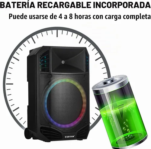 Vista 4 de EXOTON S-1501 15 Inch Portable Rechargeable PA Speaker 1600W, Bluetooth, TWS, USB/RCA, 2 UHF Mics, Remote, 7-Color Lights, DSP with 4 Scene Presets