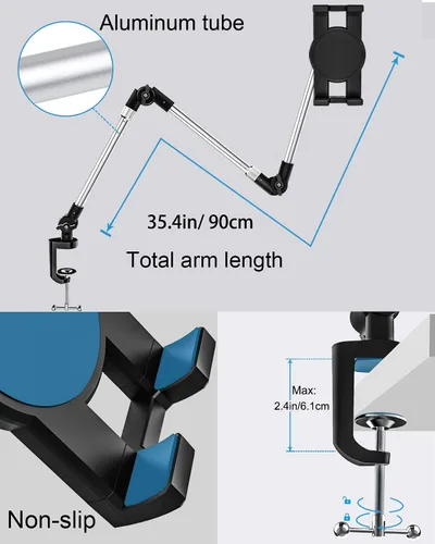 Vista 5 de Soporte ajustable para tableta, soporte de aluminio de 35 pulgadas para escritorio/cama con brazo giratorio plegable de 360°, para iPad Pro Air