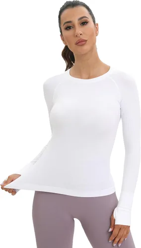 Vista 2 de MathCat Camisetas de Entrenamiento sin Costuras para Mujeres de Manga Larga para Yoga y Correr, Transpirables, con Agujeros para el Pulgar, Tops