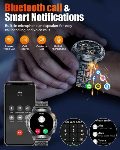 Vista 7 de Relojes inteligentes militares para hombre con llamada Bluetooth, reloj inteligente AMOLED impermeable de 1.43 pulgadas con linterna, 111 modos