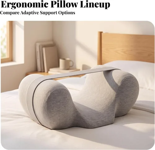 Vista 6 de Pillow Neck Support Pressure-Relieving, Memory Foam Pillow with Strap, Supportive, for Bed, Blue White