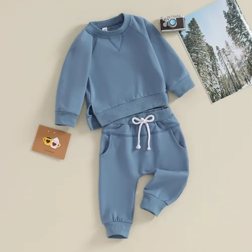 Vista 3 de Ehfomius Conjunto de 2 piezas de sudadera de manga larga para bebé niño y niña, color liso, 2 piezas, para otoño e invierno