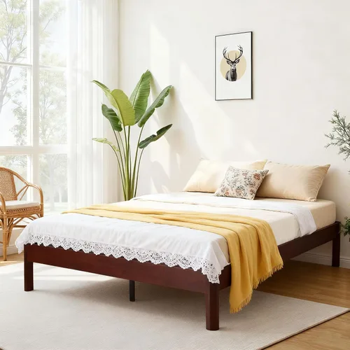 Vista 9 de Base de cama de plataforma de tamaño matrimonial para dormitorio, marcos de cama de madera resistente de 14 pulgadas con listones de madera, fácil