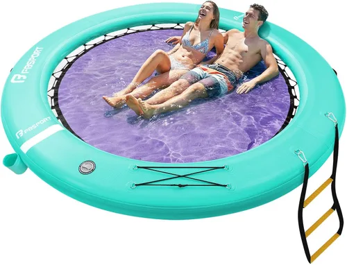 Vista 8 de FBSPORT Hamaca inflable de agua redonda flotante, 10/8/6 pies, plataforma flotante para lago con portavasos, flotador solar, balsa fría, anillo