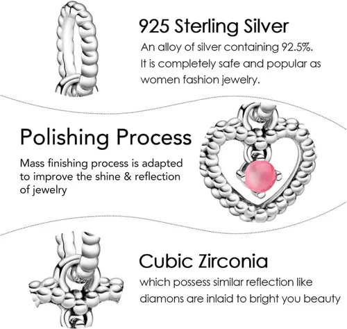 Vista 5 de Dijes de piedra natal de plata de ley 925 con dije de corazón para pulsera, collar, dije de feliz cumpleaños, cuentas colgantes de corazón