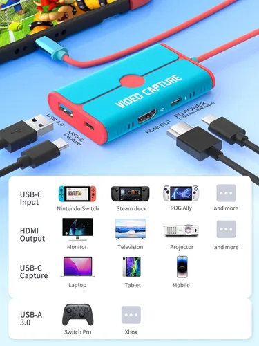 Vista 2 de Lemorele Base de captura de video USB C con salida HDMI, 1080P a 60Hz, carga PD de 100 W, Plug and Play para Nintendo Switch/Steam