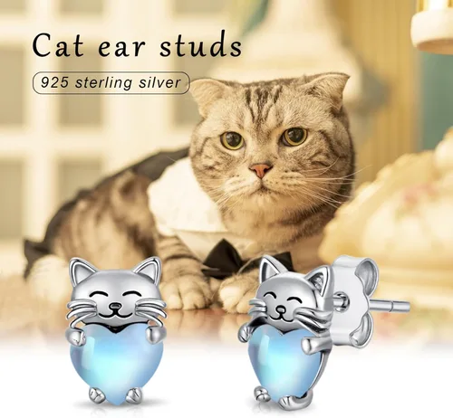 Vista 7 de Aretes de plata de ley 925 con diseño de gato, bonitos aretes de gato con diseño de gatito, joyería de regalo para mujeres y niñas, aretes