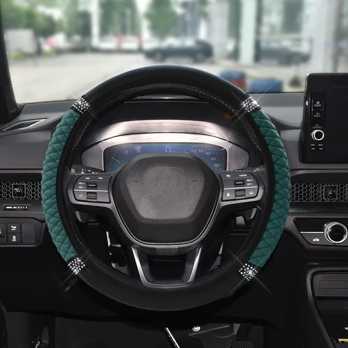 Vista 13 de Funda de Volante de Cuero Suave con Brillos, 15 Pulgadas, con Diamantes de Imitación Coloridos, Protector de Volante Elástico Automático