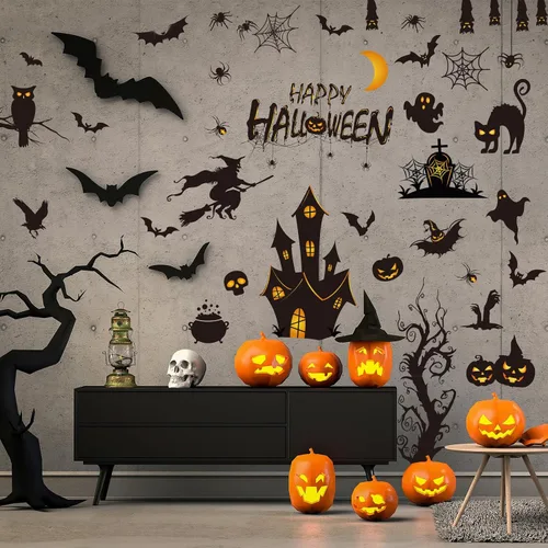 Vista 7 de AnyDesign Calcomanías de pared de Halloween, calcomanías de pared de murciélagos y castillo antiguo, calcomanías de arte de pared extraíbles