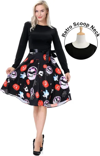 Vista 3 de Vestidos de Halloween para mujer de manga larga vestido de cóctel swing esqueleto calabaza impreso fiesta de disfraces disfraz para fiesta