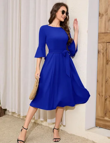 Vista 3 de HomRain Vestidos de iglesia para mujer 2025, invitada de boda, cóctel, fiesta de té, manga acampanada, vestido vintage de graduación de noche