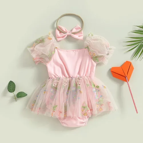 Vista 25 de Mameluco para bebés y niñas de 3, 6, 9, 12, 18 meses, enterizo de manga corta, fruncido, faldas y dobladillo, diadema