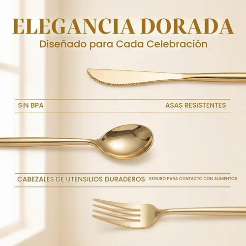 Vista 4 de SUT 150 piezas de cubiertos de plástico dorado, utensilios de plástico, cubiertos dorados desechables, utensilios desechables resistentes, juego