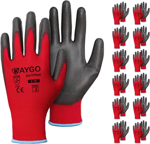 Vista 98 de KAYGO KG11PB - Guantes de trabajo de seguridad con revestimiento de poliuretano, 12 pares de guantes de punto sin costuras para hombres y mujeres