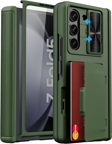 Vista 17 de Funda para Samsung Galaxy Z Fold 5 con tarjetero y cubierta para cámara deslizante, protector de pantalla integrado y protección de bisagra, funda