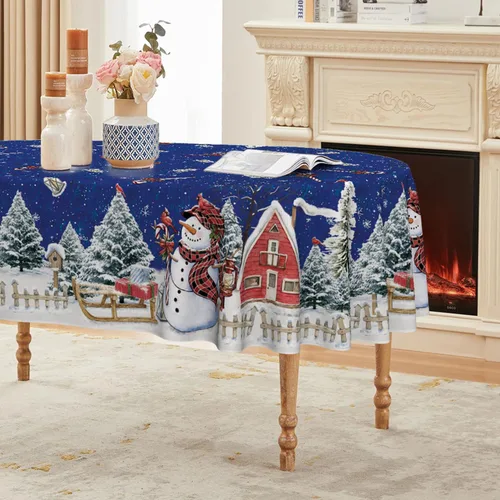 Vista 17 de Horaldaily Mantel de Navidad rectangular de 52 x 70 pulgadas, casa de muñeco de nieve de invierno, árboles de Navidad, color negro, lavable