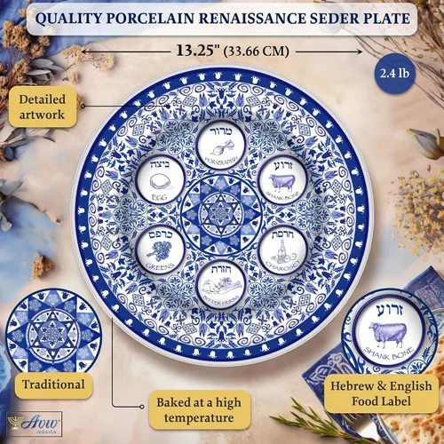 Vista 2 de Plato de porcelana para Pascua Seder de 13 pulgadas, bandeja redonda renacentista con patrón floral adornado, bandeja de pessah extra grande