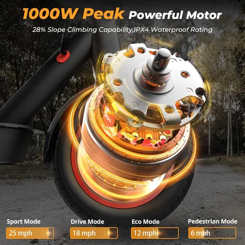 Vista 2 de Electric Scooter, 1200W-500W Peak Motor, 28-21 Miles, 10"-8.5" Tires Brillo negro