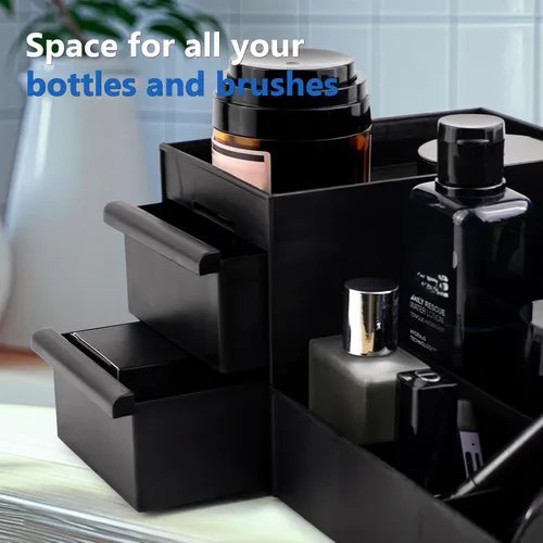 Vista 5 de Organizador de colonia negro para hombres - Organizador grande de mostrador con cajones para colonia, perfume, afeitado y cuidado de la piel