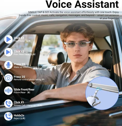 Vista 6 de Lentes inteligentes, lentes fotocromáticos Bluetooth sin montura con altavoz y micrófono de sonido HD de oreja abierta, protección UV400, control