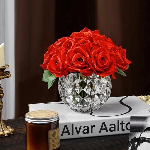 Vista 10 de 18 cabezas de rosas de imitación en jarrón, arreglo floral de rosas de Aritificail con jarrón para mesa de comedor, dormitorio, decoración de boda