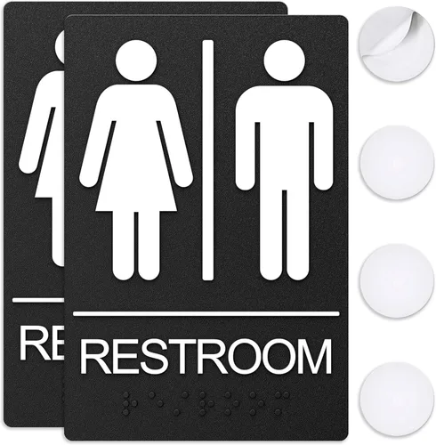 Vista 9 de Letreros de baño, letrero de baño para negocios, para hombres y mujeres, 9 x 6 pulgadas, cumple con la ADA con Braille, adhesivos fuertes de doble