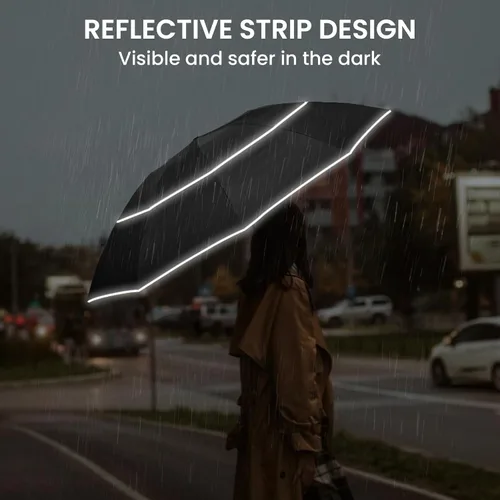 Vista 2 de G4Free 54/62 Inch Windproof Inverted Umbrella with Reflective Stripe Large Compact Reverse Golf Umbrella for Rain 10 Ribs Double Canopy Travel