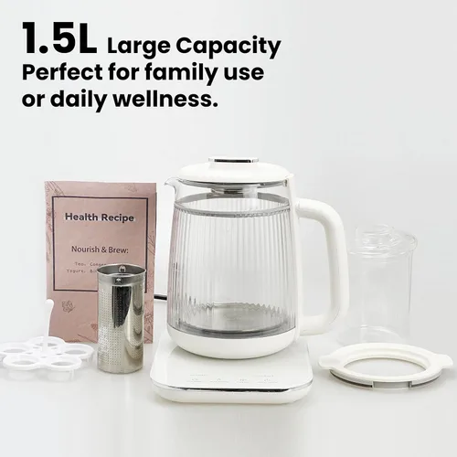 Vista 8 de Hervidor eléctrico de doble capa de 1,5 L con olla de estofado, olla de cristal para la salud, máquina de té de vidrio 9 en 1, panel táctil