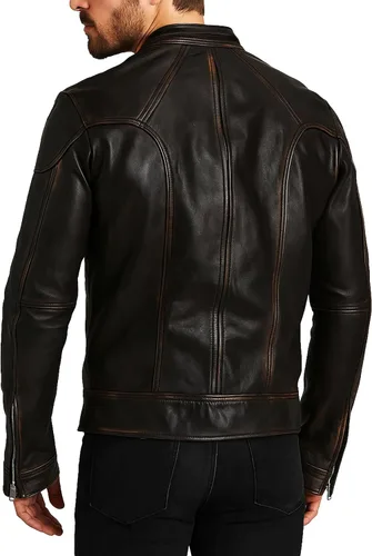 Vista 2 de Chaqueta de cuero para motociclista de hombre, negra y azul, con protección y acolchado - Chaqueta de armadura de motociclista