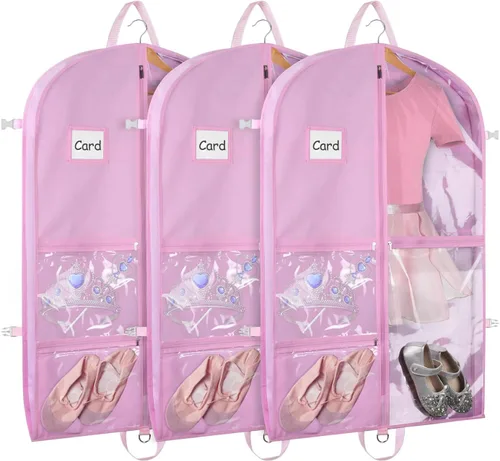 Vista 9 de Bolsas de ropa de baile negras de Zilink, bolsa de ropa de 40 pulgadas para competiciones de baile con 5 bolsillos transparentes con cremallera