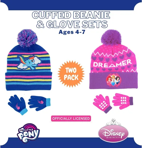 Vista 2 de Paquete de 2 sombreros de invierno para niños, guantes o mitones, My Little Pony y Princess Baby Beanie para niñas de 4 a 7 años, azulrosa, AzulRosa