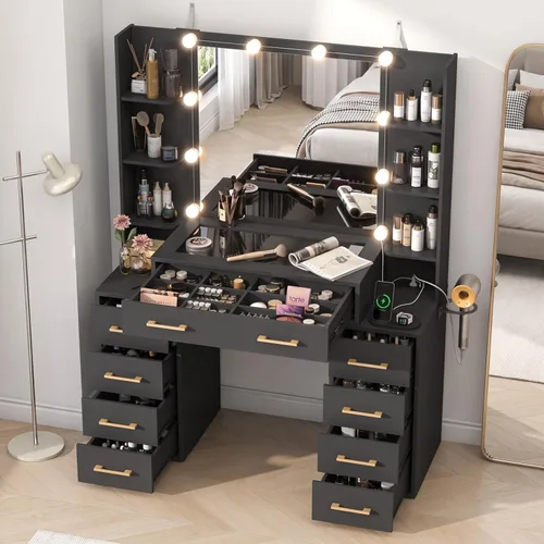 Vista 4 de Escritorio de tocador con espejo y luces, tocador de maquillaje grande de 43.5 pulgadas con parte superior de vidrio y 9 cajones, mesa de maquillaje