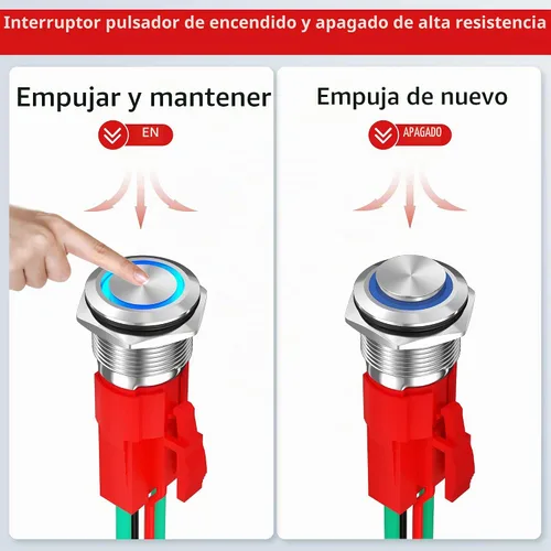 Vista 3 de Interruptor de Botón Pulsador con Bloqueo de 12V 20A Resistente CC 12 Voltios Impermeable Interruptor Redondo 16MM Metal Anillo LED Azul Iluminado