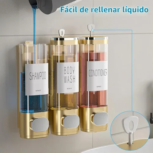 Vista 2 de Dispensador de champú y acondicionador para ducha, montaje en pared, 3 Dorado