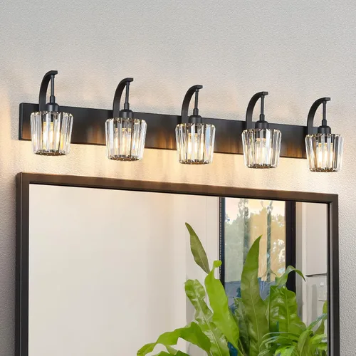 Vista 26 de Luces de tocador de cristal de 3 luces negras para tocador de baño, modernas lámparas de baño de cristal sobre espejo de 23.62 pulgadas de largo