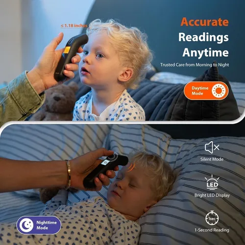 Vista 4 de iHealth Termómetro sin contacto para adultos y niños, alerta codificada por colores y modo silencioso, verificación precisa de fiebre de 1 segundo