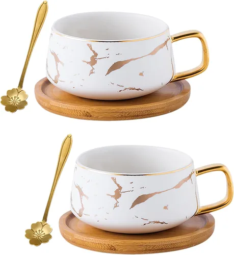 Vista 8 de Jusalpha Juego de taza de té de 10 oz con impresión de mano dorada y platillo/Juego de taza de café y platillo de bambú TCS19 (Negro)