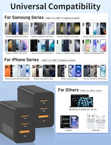 Vista 8 de Paquete de 2 bloques de cargador USB C de 100 W, adaptador de pared de Negro