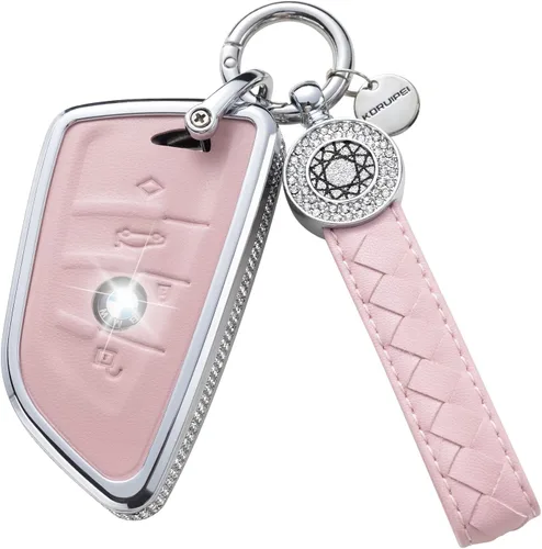 Vista 17 de Funda para llave inteligente con llavero, de piel auténtica color rosa, con cristales, carcasa protectora