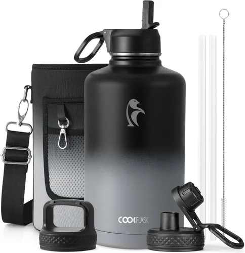 Vista 74 de Coolflask Botella de agua de 24 onzas aislada con pajilla, 3 tapas de metal de acero inoxidable, botella de agua de boca ancha para deportes u