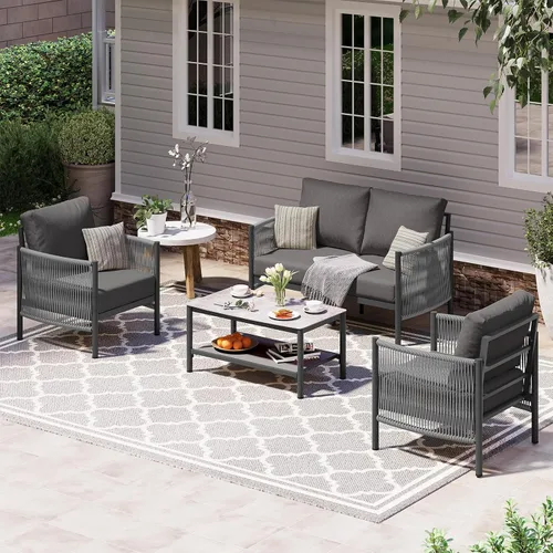 Vista 34 de Sofá de dos plazas de aluminio para patio exterior, sofá de patio de cuerda HDPE con cojín grueso lavable, muebles de patio para todo tipo de clima
