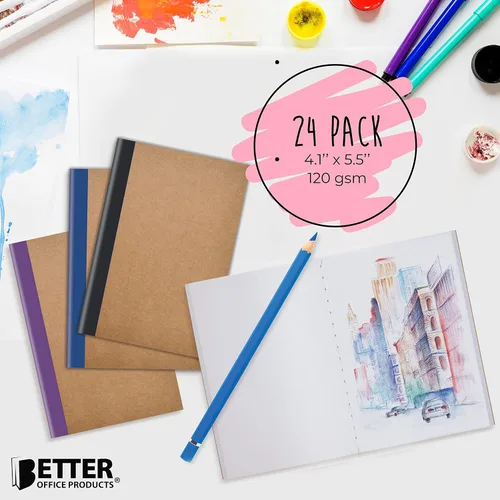 Vista 5 de Better Office Products 24 Pack Small Kraft Notebooks, 4.1 in x 5.5 in, 120gsm, 48 Heavyweight Unlined Blank White Pages, Assorted Vibrant