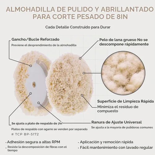 Vista 2 de Almohadilla para pulir de gancho y lazo para cortar y pulir compuestos, 100 % lana, de 8 pulgadas