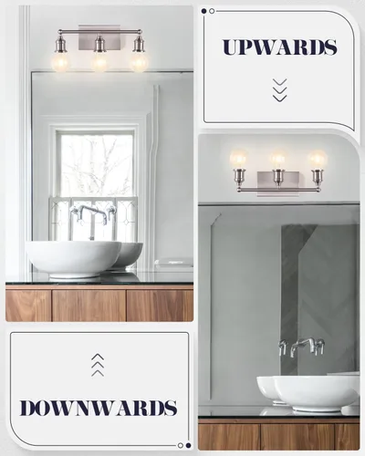 Vista 3 de Lámpara de tocador de 3 luces, moderna lámpara de pared de níquel cepillado, iluminación industrial de pared de tocador de baño para espejo, base