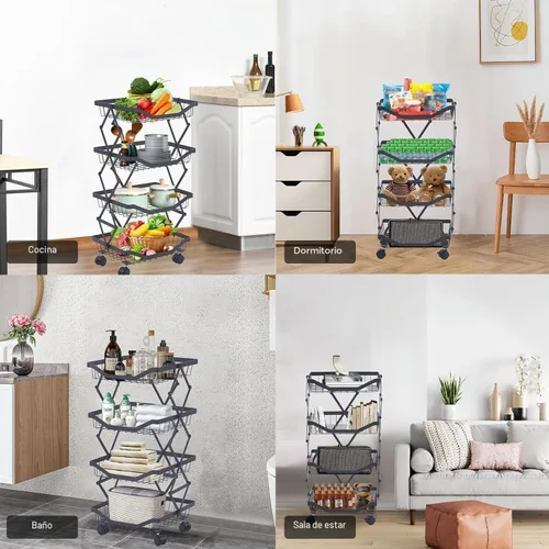 Vista 5 de Cesta de frutas de 4 niveles para cocina, apilable de alambre de metal, cesta de frutas y verduras con ruedas, carrito de utilidad con ruedas